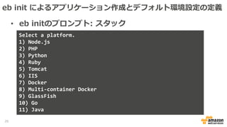 • eb initのプロンプト: スタック
Select a platform.
1) Node.js
2) PHP
3) Python
4) Ruby
5) Tomcat
6) IIS
7) Docker
8) Multi-container Docker
9) GlassFish
10) Go
11) Java
26
eb init によるアプリケーション作成とデフォルト環境設定の定義
 