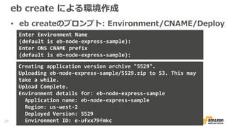 eb create による環境作成
• eb createのプロンプト: Environment/CNAME/Deploy
Enter Environment Name
(default is eb-node-express-sample):
Enter DNS CNAME prefix
(default is eb-node-express-sample):
Creating application version archive "5529".
Uploading eb-node-express-sample/5529.zip to S3. This may
take a while.
Upload Complete.
Environment details for: eb-node-express-sample
Application name: eb-node-express-sample
Region: us-west-2
Deployed Version: 5529
Environment ID: e-ufxx79fmkc27
 