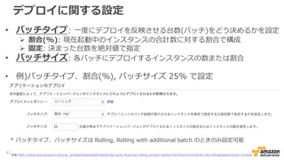 デプロイに関する設定
• バッチタイプ: 一度にデプロイを反映させる台数(バッチ)をどう決めるかを設定
 割合(%): 現在起動中のインスタンスの合計数に対する割合で構成
 固定: 決まった台数を絶対値で指定
• バッチサイズ: 各バッチにデプロイするインスタンスの数または割合
• 例)バッチタイプ、割合(%), バッチサイズ 25% で設定
41詳細:http://docs.aws.amazon.com/ja_jp/elasticbeanstalk/latest/dg/using-features.rolling-version-deploy.html#environments-cfg-rollingdeployments-console
* バッチタイプ、バッチサイズは Rolling, Rolling with additional batch のときのみ設定可能
 