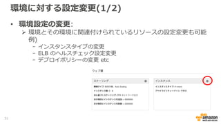 環境に対する設定変更(1/2)
• 環境設定の変更:
 環境とその環境に関連付けられているリソースの設定変更も可能
例)
- インスタンスタイプの変更
- ELB のヘルスチェック設定変更
- デプロイポリシーの変更 etc
51
 