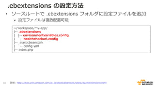 .ebextensions の設定方法
• ソースルートで .ebextensions フォルダに設定ファイルを追加
 設定ファイルは複数配置可能
60 詳細：http://docs.aws.amazon.com/ja_jp/elasticbeanstalk/latest/dg/ebextensions.html
~/workspace/my-app/
|-- .ebextensions
| |-- environmentvariables.config
| `-- healthcheckurl.config
|-- .elasticbeanstalk
| `-- config.yml
|-- index.php
 
