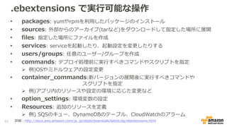 • packages: yumやrpmを利用したパッケージのインストール
• sources: 外部からのアーカイブ(tarなど)をダウンロードして指定した場所に展開
• files: 指定した場所にファイルを作成
• services: serviceを起動したり、起動設定を変更したりする
• users/groups: 任意のユーザー/グループを作成
• commands: デプロイ処理前に実行すべきコマンドやスクリプトを指定
 例)OSやミドルウェアの設定変更
• container_commands:新バージョンの展開後に実行すべきコマンドや
スクリプトを指定
 例)アプリ内のリソースや設定の環境に応じた変更など
• option_settings: 環境変数の設定
• Resources: 追加のリソースを定義
 例) SQSのキュー、DynamoDBのテーブル、CloudWatchのアラーム
.ebextensions で実行可能な操作
61 詳細：http://docs.aws.amazon.com/ja_jp/elasticbeanstalk/latest/dg/ebextensions.html
 