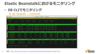 Elastic Beanstalkにおけるモニタリング
• EB CLIでモニタリング
$ eb health --refresh
67 詳細：http://docs.aws.amazon.com/elasticbeanstalk/latest/dg/eb3-health.html
 