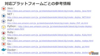 対応プラットフォームごとの参考情報
• Java：
http://docs.aws.amazon.com/ja_jp/elasticbeanstalk/latest/dg/create_deploy_Java.html
• NET：
• http://docs.aws.amazon.com/ja_jp/elasticbeanstalk/latest/dg/create_deploy_NET.html
• PHP：
http://docs.aws.amazon.com/ja_jp/elasticbeanstalk/latest/dg/create_deploy_PHP_eb.html
• Python：http://docs.aws.amazon.com/ja_jp/elasticbeanstalk/latest/dg/create-deploy-
python-apps.html
• Ruby：
http://docs.aws.amazon.com/ja_jp/elasticbeanstalk/latest/dg/create_deploy_Ruby.html
• Node.js：
http://docs.aws.amazon.com/ja_jp/elasticbeanstalk/latest/dg/create_deploy_nodejs.html
• Go：
http://docs.aws.amazon.com/ja_jp/elasticbeanstalk/latest/dg/create_deploy_go.html
• Docker：
http://docs.aws.amazon.com/ja_jp/elasticbeanstalk/latest/dg/create_deploy_docker.html73
 