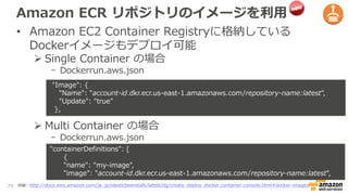 Amazon ECR リポジトリのイメージを利用
• Amazon EC2 Container Registryに格納している
Dockerイメージもデプロイ可能
 Single Container の場合
- Dockerrun.aws.json
 Multi Container の場合
- Dockerrun.aws.json
79 詳細：http://docs.aws.amazon.com/ja_jp/elasticbeanstalk/latest/dg/create_deploy_docker.container.console.html#docker-images
"Image": {
"Name": "account-id.dkr.ecr.us-east-1.amazonaws.com/repository-name:latest",
"Update": "true"
},
"containerDefinitions": [
{
"name": "my-image",
"image": "account-id.dkr.ecr.us-east-1.amazonaws.com/repository-name:latest",
 