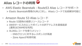 Alias レコードの利用
• AWS Elastic Beanstalk：Route53 Alias レコードサポート
 Elastic Beanstalk環境のURLに対し、Aliasレコードで名前解決可能に
• Amazon Route 53 Alias レコード
 Route 53固有の仮想リソースレコード
 AWSサービスのエンドポイントのIPアドレスを直接返却
(通常はCNAMEを利用)
 ALIASレコードを使うメリット
- DNSクエリに対するレスポンスが高速
- Zone Apexが利用可能
本番運用の際はバージョンを明記しま
しょう
87 詳細：http://docs.aws.amazon.com/ja_jp/elasticbeanstalk/latest/dg/customdomains.html
 