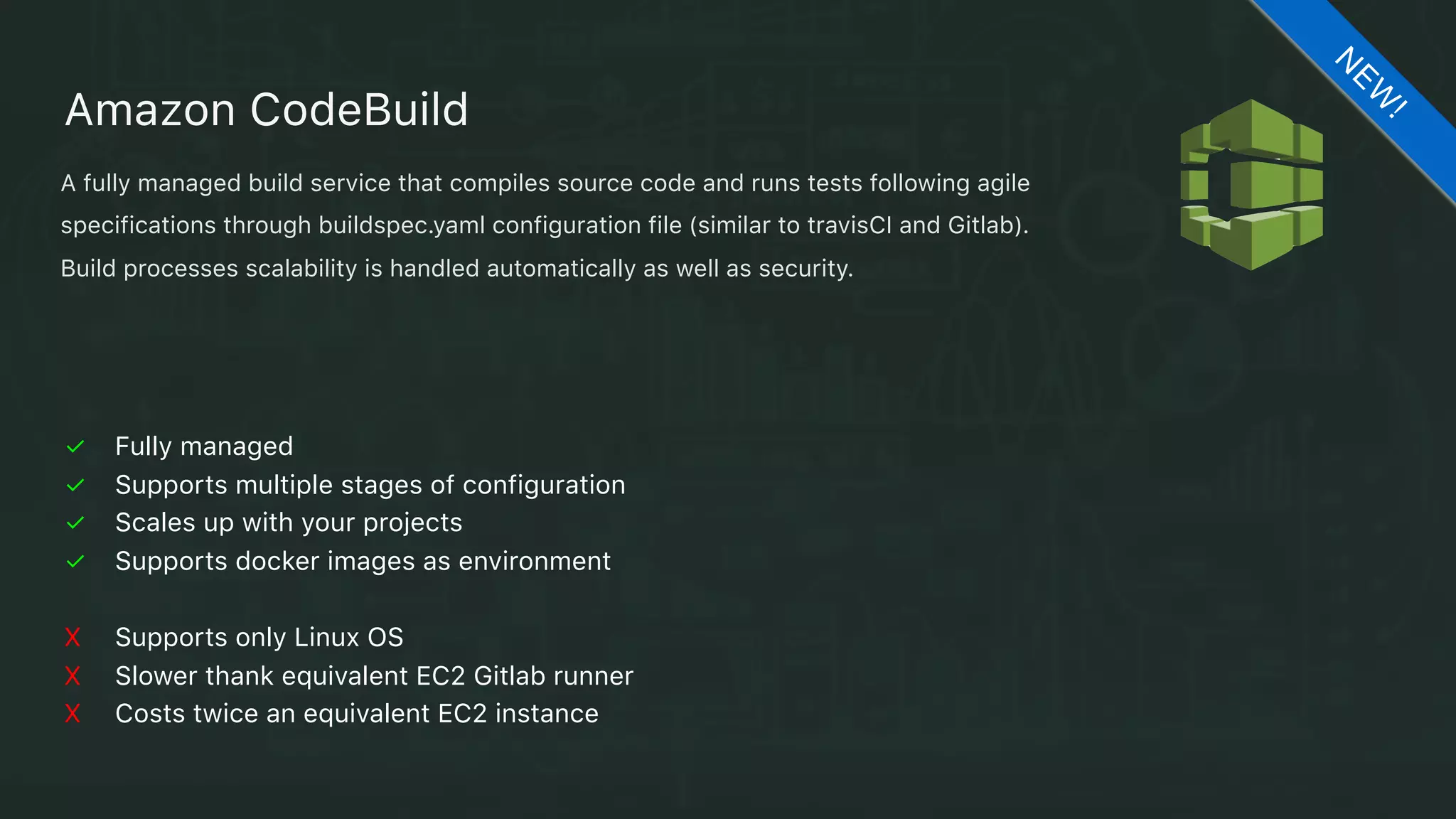 Serverless Application Model
Code Commit / Github repository
Code Pipeline
Serverless CI/CD pipeline
U
PD
ATED
✓ Does not require external frameworks
✓ Managed by AWS, triggered by Git commits
✓ Highly customizable
✓ Cost Effective (1$/pipeline + 0.005$/minute) 
X Still cumbersome to configure
X Pipeline debugging is a pain
X Bound to AWS
 