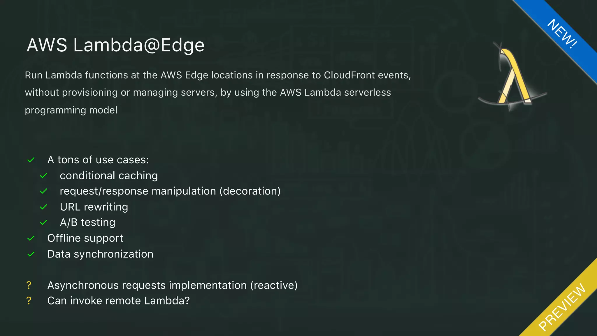 ✓ High accuracy
✓ Speech-to-text support
✓ Fully integrated with Lambda 
? Language support (currently English only)
Amazon Lex
N
EW
!
A service providing speech recognition and Natural Language Understanding. AWS
released the engine inside Amazon Alexa to increase integration from Skillsets to a fully
conversational programming model. Amazon Lex is a service for building conversational
interfaces into any application using voice and text. Lex provides the advanced deep
learning functionalities of automatic speech recognition (ASR) for converting speech to
text, and natural language understanding (NLU) to recognize the intent of the text.
PR
EVIEW
 