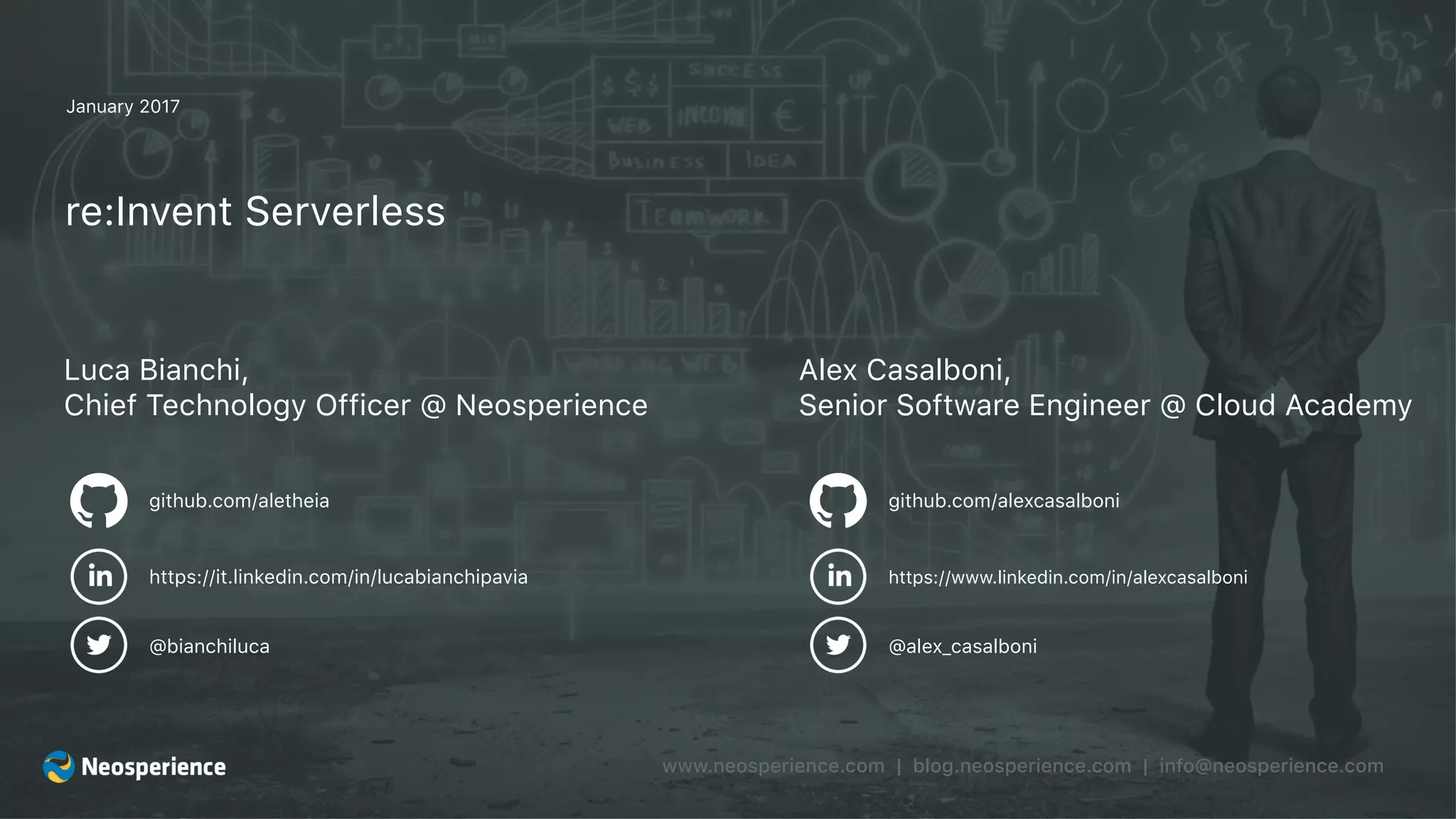 Senior Software Engineer @ CloudAcademy
Who am I? - Alex Casalboni
Web developer, musician, traveler, JS & Python lover. All things ML, Big Data and Serverless.
Cloud Academy
The place to master Cloud Computing (AWS, Azure, GCP, etc.): online education and self-paced learning applied to
the Cloud world.
• Video courses
• Quiz questions
• Certification Prep
• Hands-on Labs
• Learning Paths
 