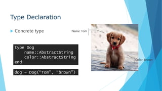 Type Declaration
 Concrete type
type Dog
name::AbstractString
color::AbstractString
end
dog = Dog(“Tom”, “brown”)
Name: Tom
Color: brown
 