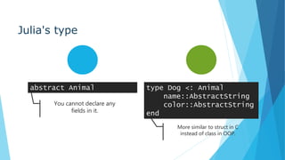 Julia's type
abstract Animal type Dog <: Animal
name::AbstractString
color::AbstractString
end
More similar to struct in C
instead of class in OOP.
You cannot declare any
fields in it.
 