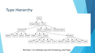 Type Hierarchy
Ref:https://en.wikibooks.org/wiki/Introducing_Julia/Types
 
