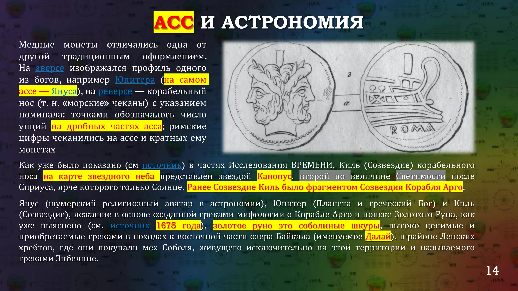 14
АСС И АСТРОНОМИЯ
Как уже было показано (см источник) в частях Исследования ВРЕМЕНИ, Киль (Созвездие) корабельного
носа на карте звездного неба представлен звездой Канопус, второй по величине Светимости после
Сириуса, ярче которого только Солнце. Ранее Созвездие Киль было фрагментом Созвездия Корабля Арго.
Янус (шумерский религиозный аватар в астрономии), Юпитер (Планета и греческий Бог) и Киль
(Созвездие), лежащие в основе созданной греками мифологии о Корабле Арго и поиске Золотого Руна, как
уже выяснено (см. источник 1675 года), золотое руно это соболиные шкуры, высоко ценимые и
приобретаемые греками в походах к восточной части озера Байкала (именуемое Далай), в районе Ленских
хребтов, где они покупали мех Соболя, живущего исключительно на этой территории и называемого
греками Зибелине.
Медные монеты отличались одна от
другой традиционным оформлением.
На аверсе изображался профиль одного
из богов, например Юпитера (на самом
ассе — Януса), на реверсе — корабельный
нос (т. н. «морские» чеканы) с указанием
номинала: точками обозначалось число
унций на дробных частях асса; римские
цифры чеканились на ассе и кратных ему
монетах
 