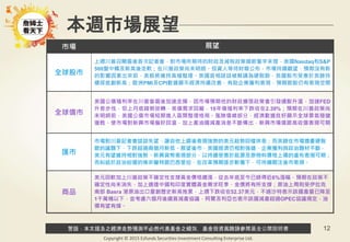 警語：本文提及之經濟走勢預測不必然代表基金之績效，基金投資風險請參閱基金公開說明書
Copyright © 2015 Ezfunds Securities Investment Consulting Enterprise Ltd.
12
本週市場展望
市場 展望
全球股市
上週川普召開選後首次記者會，對市場所期待的財政及減稅政策細節隻字未提，美國Nasdaq和S&P
500盤中觸及新高後走軟；在川普政策尚未明朗、投資人等待財報公布，市場持續觀望，預期沒有新
的影響因素出來前，美股將維持高檔整理。英國首相談話被解讀為硬脫歐，英國股市受惠於英鎊持
續探底創新高；歐洲PMI及CPI數據顯示經濟持續改善，有助企業獲利表現，預期歐股仍有表現空間。
全球債市
美國公債殖利率在川普當選後加速走揚，因市場預期他的財政擴張政策會引發通膨升溫，加速FED
升息步伐，但上月底趨勢逆轉，美債需求回籠，10年債殖利率下跌收在2.39%；預期在川普政策尚
未明朗前，美國公債市場短期進入區間整理格局。風險債總部分，經濟數據良好顯示全球景氣穩健
復甦，使市場對新興市場偏好回溫，加上產油國減產消息不斷傳出，新興市場債跟高收債表現可期。
匯市
市場對川普記者會談話失望，讓自他上選後表現強勢的美元趁勢回檔休息；而英鎊在市場擔憂硬脫
歐的議題下，下跌超過兩個月新低。展望後市，美國經濟仍相對強健，企業獲利與政治題材不斷，
美元有望維持相對強勢。新興貨幣表現部分，以持續受惠於能源及原物料價格上揚的盧布表現可期；
而糾結於政治紛擾的南非蘭特跟巴西里拉，在改革預期逐步斬獲下，可持續關注後市表現。
商品
美元回軟加上川普政策不確定性支撐黃金價格續漲，從去年底至今已錄得近6%漲幅，預期在政策不
確定性尚未消失，加上適逢中國和印度實體黃金需求旺季，金價將有所支撐；原油上周則受伊拉克
南部 Basra 港原油出口量創歷史新高拖累，上週下跌收在52.37美元，不過沙特表示該國產量已降至
1千萬桶以下，並考慮六個月後續簽減產協議，阿爾及利亞也表示該國減產超過OPEC協議規定，油
價有望有撐。
 