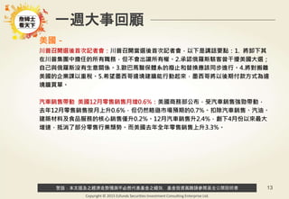 警語：本文提及之經濟走勢預測不必然代表基金之績效，基金投資風險請參閱基金公開說明書
Copyright © 2015 Ezfunds Securities Investment Consulting Enterprise Ltd.
13
一週大事回顧
美國－
川普召開選後首次記者會：川普召開當選後首次記者會，以下是講話要點：1. 將卸下其
在川普集團中擔任的所有職務，但不會出讓所有權。2.承認俄羅斯駭客曾干擾美國大選；
自己與俄羅斯沒有生意關係。3.歐巴馬醫保體系的廢止和替換應該同步進行。4.將對搬離
美國的企業課以重稅。5.希望墨西哥邊境建牆能行動起來，墨西哥將以後期付款方式為邊
境牆買單。
汽車銷售帶動 美國12月零售銷售月增0.6%：美國商務部公布，受汽車銷售強勁帶動，
去年12月零售銷售按月上升0.6%，但仍然略遜市場預期的0.7%。扣除汽車銷售、汽油、
建築材料及食品服務的核心銷售僅升0.2%。12月汽車銷售升2.4%，創下4月份以來最大
增速，抵消了部分零售行業頹勢。而美國去年全年零售銷售上升3.3%。
 