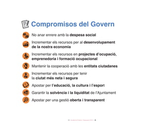 25 / Audiència Pública i Pressupost 2017 /
Compromisos del Govern
No anar enrere amb la despesa social
Incrementar els recursos per al desenvolupament
de la nostra economia
Incrementar els recursos en projectes d’ocupació,
emprenedoria i formació ocupacional
Mantenir la cooperació amb les entitats ciutadanes
Incrementar els recursos per tenir
la ciutat més neta i segura
Apostar per l’educació, la cultura i l’esport
Garantir la solvència i la liquiditat de l’Ajuntament
Apostar per una gestió oberta i transparent
 