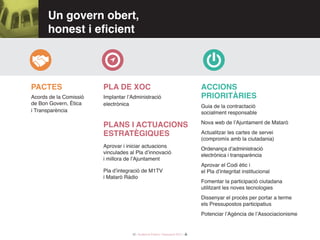 32 / Audiència Pública i Pressupost 2017 /
Un govern obert,
honest i eficient
Acords de la Comissió
de Bon Govern, Ètica
i Transparència
PLA DE XOCPACTES
Plans i actuacions
estratègiques
Accions
PRIORITÀRIESImplantar l’Administració
electrònica
Aprovar i iniciar actuacions
vinculades al Pla d’innovació
i millora de l’Ajuntament
Pla d’integració de M1TV
i Mataró Ràdio
Guia de la contractació
socialment responsable
Nova web de l’Ajuntament de Mataró
Actualitzar les cartes de servei
(compromís amb la ciutadania)
Ordenança d’administració
electrònica i transparència
Aprovar el Codi ètic i
el Pla d’integritat institucional
Fomentar la participació ciutadana
utilitzant les noves tecnologies
Dissenyar el procés per portar a terme
els Pressupostos participatius
Potenciar l’Agència de l’Associacionisme
 