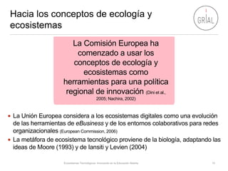 Hacia los conceptos de ecología y
ecosistemas
Ecosistemas Tecnológicos: Innovando en la Educación Abierta 15
La Comisión E...