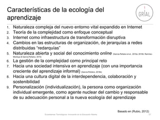 Características de la ecología del
aprendizaje
Ecosistemas Tecnológicos: Innovando en la Educación Abierta 27
1. Naturalez...