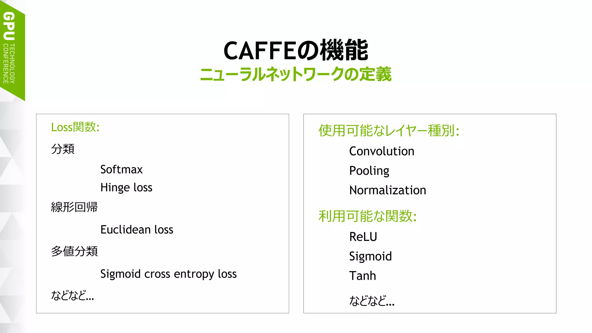 31
CAFFEの機能
Loss関数:
分類
Softmax
Hinge loss
線形回帰
Euclidean loss
多値分類
Sigmoid cross entropy loss
などなど…
使用可能なレイヤー種別:
Convolution
Pooling
Normalization
利用可能な関数:
ReLU
Sigmoid
Tanh
などなど…
ニューラルネットワークの定義
 