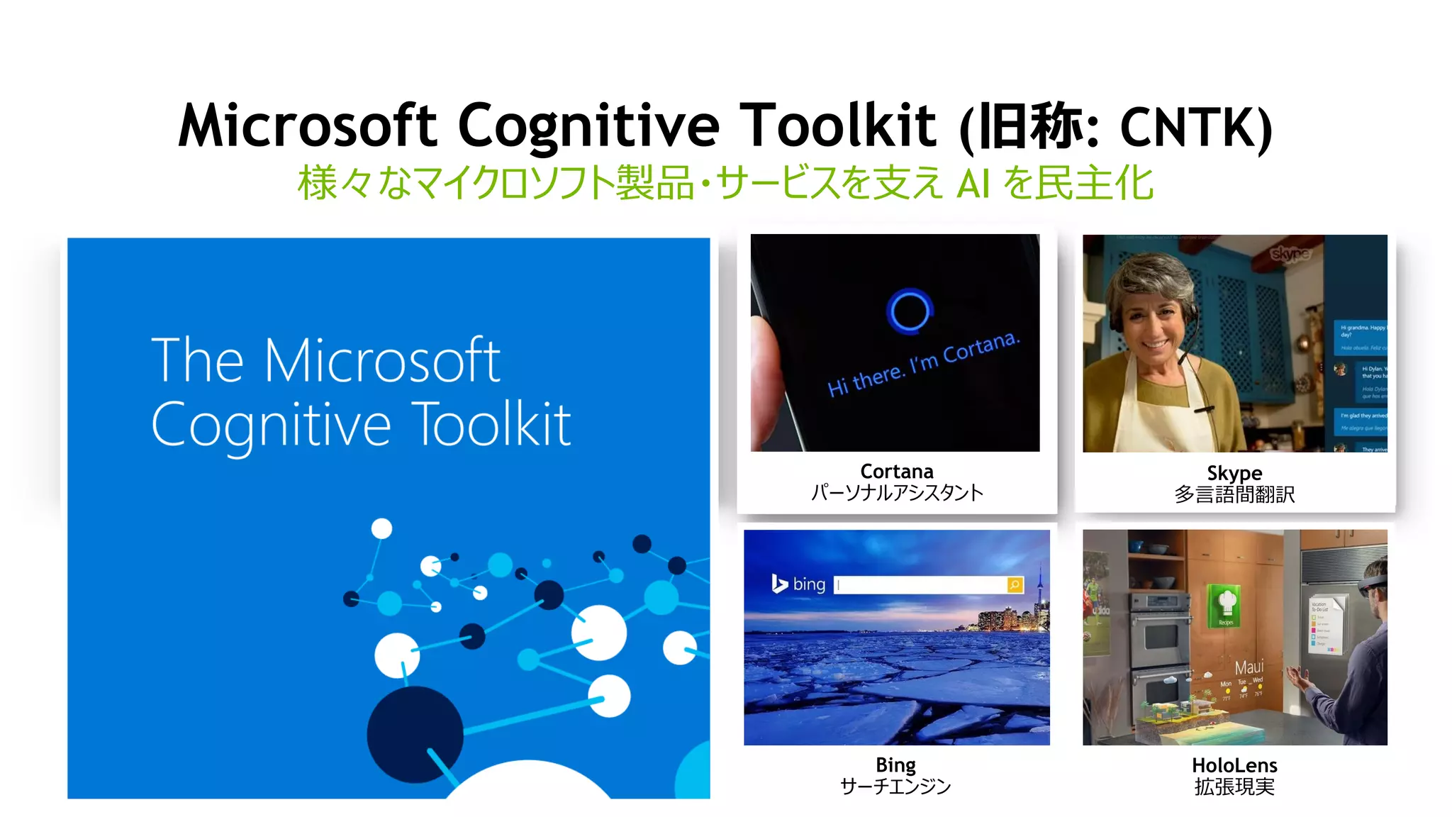 Microsoft Cognitive Toolkit (旧称: CNTK)
様々なマイクロソフト製品・サービスを支え AI を民主化
Cortana
パーソナルアシスタント
Skype
多言語間翻訳
Bing
サーチエンジン
HoloLens
拡張現実
 