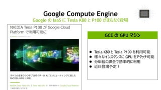 Google Compute Engine
Google の IaaS に Tesla K80 と P100 がまもなく登場
 Tesla K80 と Tesla P100 を利用可能
 様々なインスタンスに GPU をアタッチ可能
 分単位の課金で効率的に利用
 近日登場予定！
GCE の GPU マシン
 