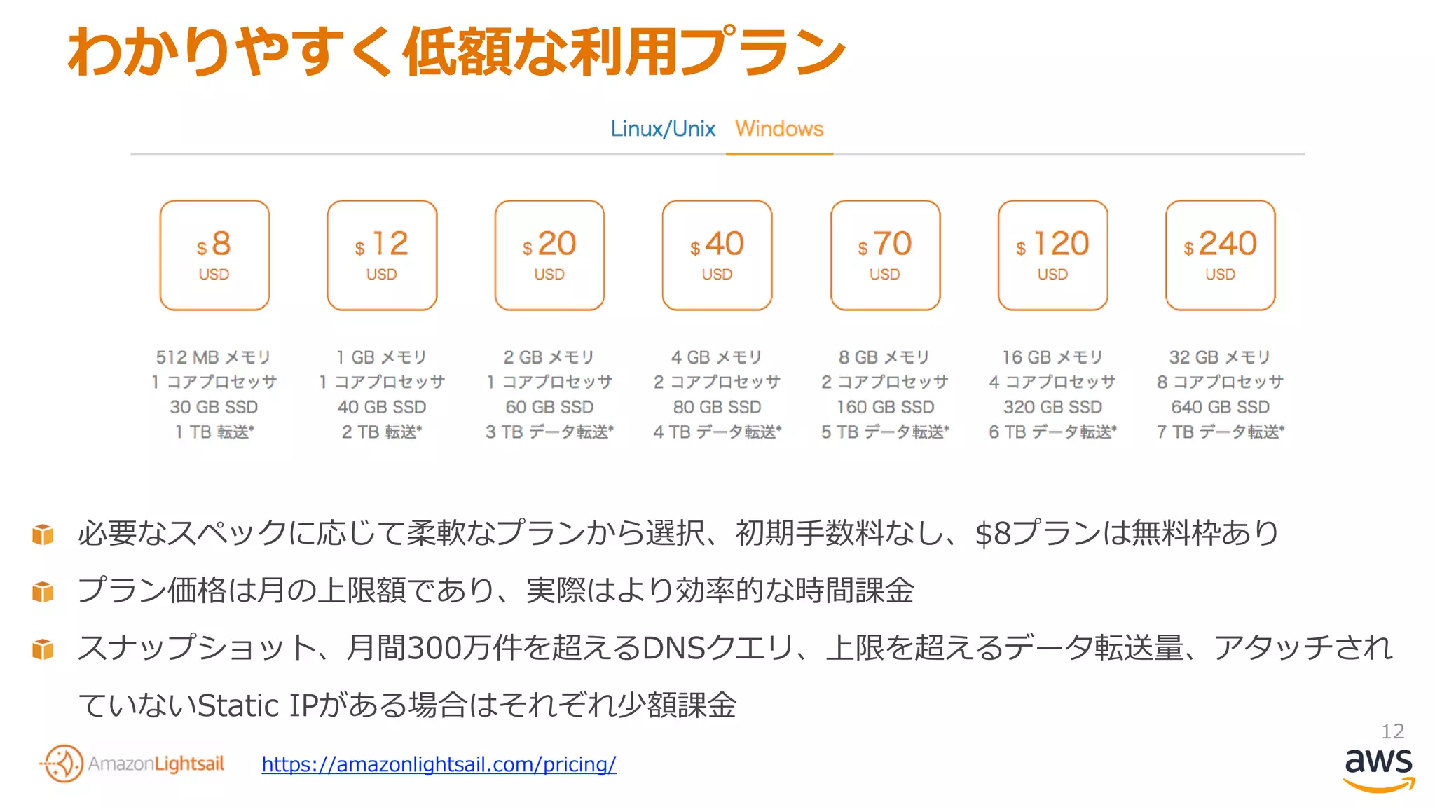 12
わかりやすく低額な利用プラン
https://amazonlightsail.com/pricing/
必要なスペックに応じて柔軟なプランから選択、初期手数料なし、$8プランは無料枠あり
プラン価格は月の上限額であり、実際はより効率的な時間課金
スナップショット、月間300万件を超えるDNSクエリ、上限を超えるデータ転送量、アタッチされ
ていないStatic IPがある場合はそれぞれ少額課金
 