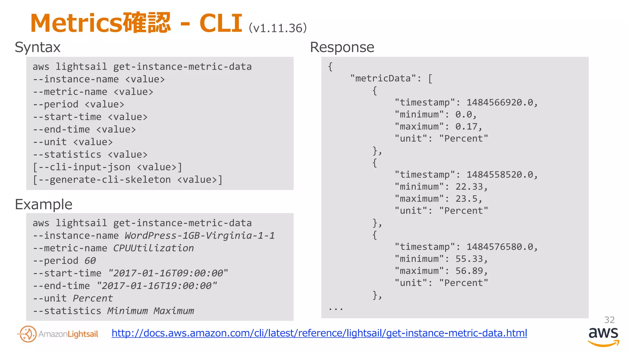 32
Metrics確認 - CLI（v1.11.36）
aws lightsail get-instance-metric-data
--instance-name <value>
--metric-name <value>
--period <value>
--start-time <value>
--end-time <value>
--unit <value>
--statistics <value>
[--cli-input-json <value>]
[--generate-cli-skeleton <value>]
aws lightsail get-instance-metric-data
--instance-name WordPress-1GB-Virginia-1-1
--metric-name CPUUtilization
--period 60
--start-time "2017-01-16T09:00:00"
--end-time "2017-01-16T19:00:00"
--unit Percent
--statistics Minimum Maximum
Syntax
Example
{
"metricData": [
{
"timestamp": 1484566920.0,
"minimum": 0.0,
"maximum": 0.17,
"unit": "Percent"
},
{
"timestamp": 1484558520.0,
"minimum": 22.33,
"maximum": 23.5,
"unit": "Percent"
},
{
"timestamp": 1484576580.0,
"minimum": 55.33,
"maximum": 56.89,
"unit": "Percent"
},
...
Response
http://docs.aws.amazon.com/cli/latest/reference/lightsail/get-instance-metric-data.html
 