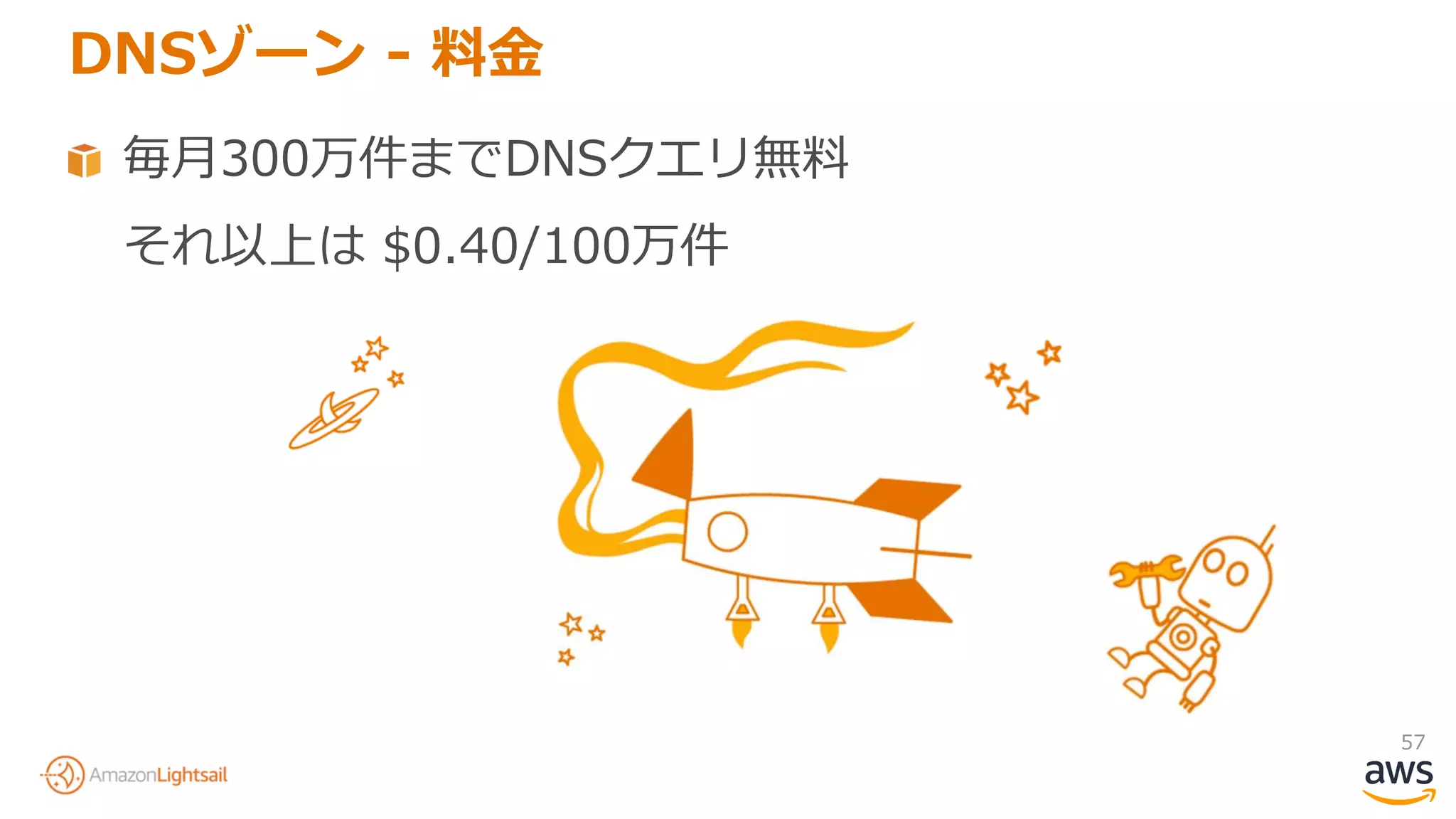 57
DNSゾーン - 料金
毎月300万件までDNSクエリ無料
それ以上は $0.40/100万件
 