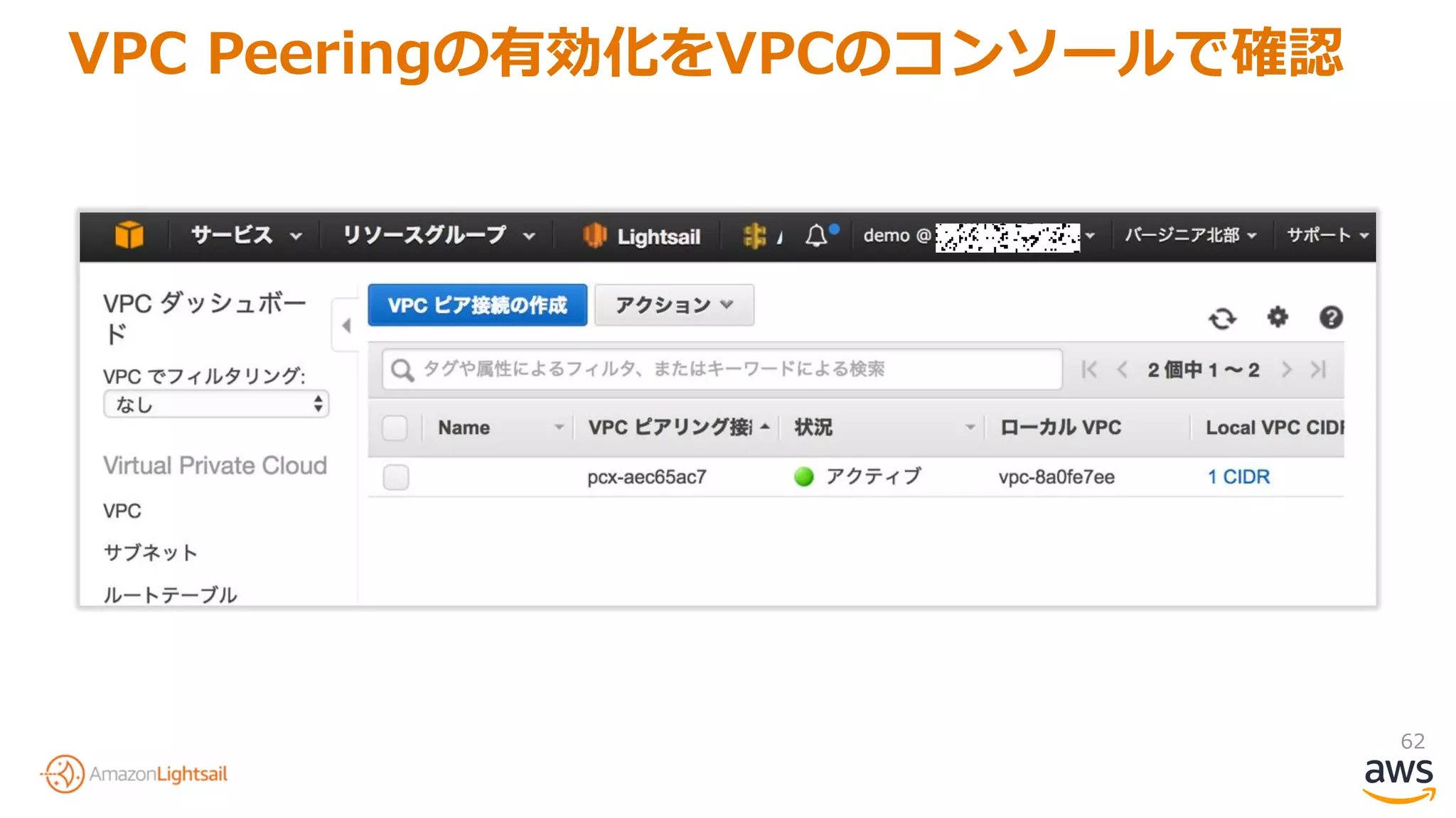 62
VPC Peeringの有効化をVPCのコンソールで確認
 