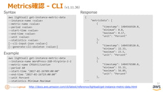 32
Metrics確認 - CLI（v1.11.36）
aws lightsail get-instance-metric-data
--instance-name <value>
--metric-name <value>
--period <value>
--start-time <value>
--end-time <value>
--unit <value>
--statistics <value>
[--cli-input-json <value>]
[--generate-cli-skeleton <value>]
aws lightsail get-instance-metric-data
--instance-name WordPress-1GB-Virginia-1-1
--metric-name CPUUtilization
--period 60
--start-time "2017-01-16T09:00:00"
--end-time "2017-01-16T19:00:00"
--unit Percent
--statistics Minimum Maximum
Syntax
Example
{
"metricData": [
{
"timestamp": 1484566920.0,
"minimum": 0.0,
"maximum": 0.17,
"unit": "Percent"
},
{
"timestamp": 1484558520.0,
"minimum": 22.33,
"maximum": 23.5,
"unit": "Percent"
},
{
"timestamp": 1484576580.0,
"minimum": 55.33,
"maximum": 56.89,
"unit": "Percent"
},
...
Response
http://docs.aws.amazon.com/cli/latest/reference/lightsail/get-instance-metric-data.html
 