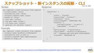 49
スナップショット - 新インスタンスの起動 - CLI（v1.11.36）
aws lightsail create-instances-from-snapshot
--instance-names <value>
--availability-zone <value>
--instance-snapshot-name <value>
--bundle-id <value>
[--user-data <value>]
[--key-pair-name <value>]
[--cli-input-json <value>]
[--generate-cli-skeleton <value>]
aws lightsail create-instances-from-snapshot
--instance-names WordPress-FromSnapshot
--availability-zone us-east-1c
--instance-snapshot-name SampleSnapshot
--bundle-id large_1_0
Syntax
Example
{
"operations": [
{
"status": "Started",
"resourceType": "Instance",
"isTerminal": false,
"statusChangedAt": 1484591850.798,
"location": {
"availabilityZone": "us-east-1c",
"regionName": "us-east-1"
},
"operationType": "CreateInstance",
"resourceName": "WordPress-FromSnapshot",
"id": "14aeeea0-1a97-4f5a-8676-35aecd730678",
"createdAt": 1484591849.49
}
]
}
Response
http://docs.aws.amazon.com/cli/latest/reference/lightsail/create-instances-from-snapshot.html
 