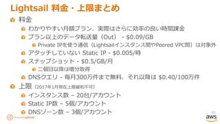 65
Lightsail 料金・上限まとめ
料金
わかりやすい月額プラン、実際はさらに効率の良い時間課金
プラン以上のデータ転送量（Out） - $0.09/GB
Private IPを使う通信（Lightsailインスタンス間やPeered VPC間）は対象外
アタッチしていない Static IP - $0.005/時
スナップショット - $0.5/GB/月
二個目以降は増分取得
DNSクエリ - 毎月300万件まで無料、それ以降は $0.40/100万件
上限（2017年1月現在上限緩和不可）
インスタンス数 – 20台/アカウント
Static IP数 – 5個/アカウント
DNSゾーン数 – 3個/アカウント
 