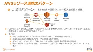 71
1. 拡張パターン
AWSリソース連携のパターン
Amazon
Lightsail
Amazon
CloudFront
Amazon
RDS
VPC
Peering
Internet
- Lightsailで運用中のサービスを拡張・補強
Amazon
S3
LightsailによるWeb/Appサーバ管理のシンプルさは残しつつ、よりスケールさせたいところ、
運用効率化したいところがあるときなど
例えば…
静的ファイルをローカルストレージでなくS3に保存して容量節約と可用性向上
前段にCloudFrontを置いてパフォーマンス向上＆負荷を軽減
データベースはローカルでなくVPC Peeringで接続したRDSを使い保全性や効率向上
Route 53のヘルスチェックを使い、Lightsailインスタンス不調時はS3でホストしたソーリーページを
表示
Amazon
Route 53
 