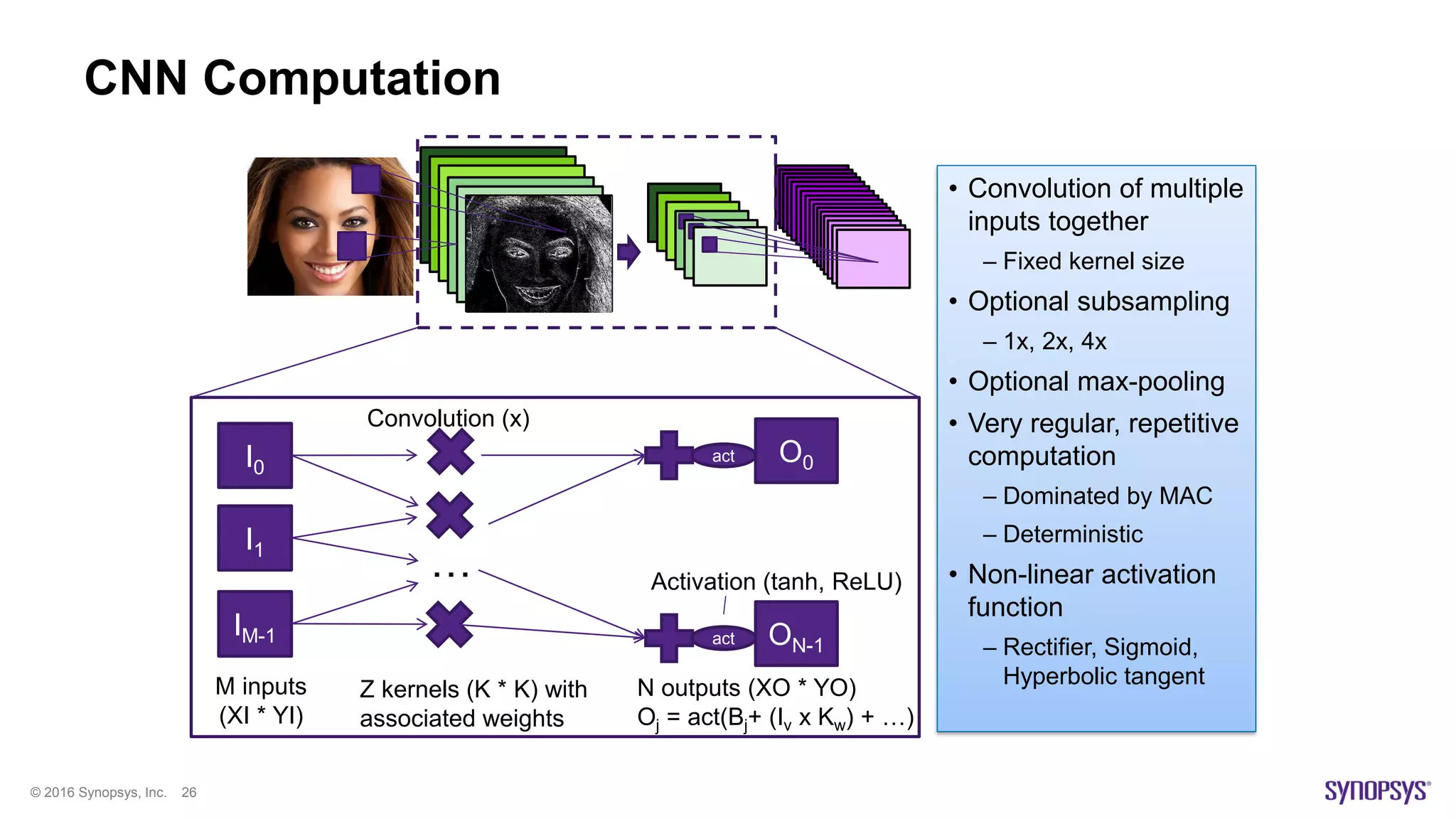 © 2016 Synopsys, Inc. 26
CNN Computation
• Convolution of multiple
inputs together
– Fixed kernel size
• Optional subsampling
– 1x, 2x, 4x
• Optional max-pooling
• Very regular, repetitive
computation
– Dominated by MAC
– Deterministic
• Non-linear activation
function
– Rectifier, Sigmoid,
Hyperbolic tangent
I0
IM-1
I1
O0
ON-1
M inputs
(XI * YI)
Z kernels (K * K) with
associated weights
N outputs (XO * YO)
Oj = act(Bj+ (Iv x Kw) + …)
Convolution (x)
act
act
Activation (tanh, ReLU)
…
 