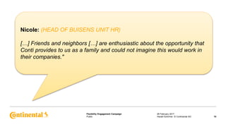 Public
Flexibility Engagement Campaign 28 February 2017
15Harald Schirmer, © Continental AG
Nicole: (HEAD OF BUISENS UNIT HR)
[…] Friends and neighbors […] are enthusiastic about the opportunity that
Conti provides to us as a family and could not imagine this would work in
their companies."
 