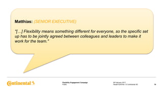 Public
Flexibility Engagement Campaign 28 February 2017
18Harald Schirmer, © Continental AG
Matthias: (SENIOR EXECUTIVE)
"[…] Flexibility means something different for everyone, so the specific set
up has to be jointly agreed between colleagues and leaders to make it
work for the team."
 