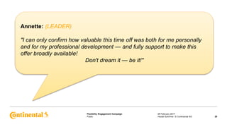 Public
Flexibility Engagement Campaign 28 February 2017
20Harald Schirmer, © Continental AG
Annette: (LEADER)
"I can only confirm how valuable this time off was both for me personally
and for my professional development — and fully support to make this
offer broadly available!
Don't dream it — be it!"
 