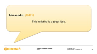 Public
Flexibility Engagement Campaign 28 February 2017
21Harald Schirmer, © Continental AG
Alessandro: (ITALY)
This initiative is a great idea.
 