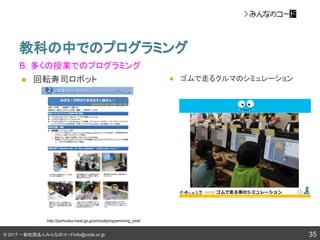 © 2017 一般社団法人みんなのコードinfo@code.or.jp
教科の中でのプログラミング
35
B. 多くの授業でのプログラミング
● 回転寿司ロボット
http://jouhouka.mext.go.jp/school/programming_zirei/
● ゴムで走るクルマのシミュレーション
 