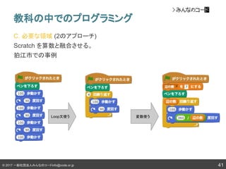 © 2017 一般社団法人みんなのコードinfo@code.or.jp
C. 必要な領域 (2のアプローチ)
Scratch を算数と融合させる。
狛江市での事例
教科の中でのプログラミング
41
Loop文使う 変数使う
 