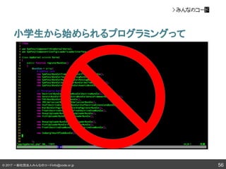 © 2017 一般社団法人みんなのコードinfo@code.or.jp
小学生から始められるプログラミングって
56
 