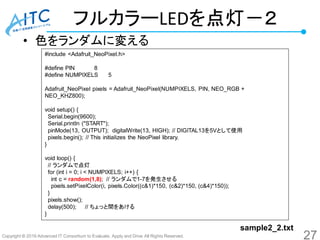 Copyright © 2016 Advanced IT Consortium to Evaluate, Apply and Drive All Rights Reserved.
フルカラーLEDを点灯－２
• 色をランダムに変える
#include <Adafruit_NeoPixel.h>
#define PIN 8
#define NUMPIXELS 5
Adafruit_NeoPixel pixels = Adafruit_NeoPixel(NUMPIXELS, PIN, NEO_RGB +
NEO_KHZ800);
void setup() {
Serial.begin(9600);
Serial.println ("START");
pinMode(13, OUTPUT); digitalWrite(13, HIGH); // DIGITAL13を5Vとして使用
pixels.begin(); // This initializes the NeoPixel library.
}
void loop() {
// ランダムで点灯
for (int i = 0; i < NUMPIXELS; i++) {
int c = random(1,8); // ランダムで1-7を発生させる
pixels.setPixelColor(i, pixels.Color((c&1)*150, (c&2)*150, (c&4)*150));
}
pixels.show();
delay(500); // ちょっと間をあける
}
27
sample2_2.txt
 
