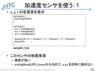 Copyright © 2016 Advanced IT Consortium to Evaluate, Apply and Drive All Rights Reserved.
加速度センサを使う：１
• x, y, z の各要素を表示
• このセンサの制限事項
– 精度が低い
– analogRead()が0.1msecかかるので、x,y,z を同時に読めない
void setup() {
Serial.begin(9600);
}
void loop() {
int x = analogRead(0);
int y = analogRead(1);
int z = analogRead(2);
Serial.println ("x:" + String(x) + " y:" + String(y) + " z:" + String(z));
delay(100);
}
36
sample3_1.txt
 