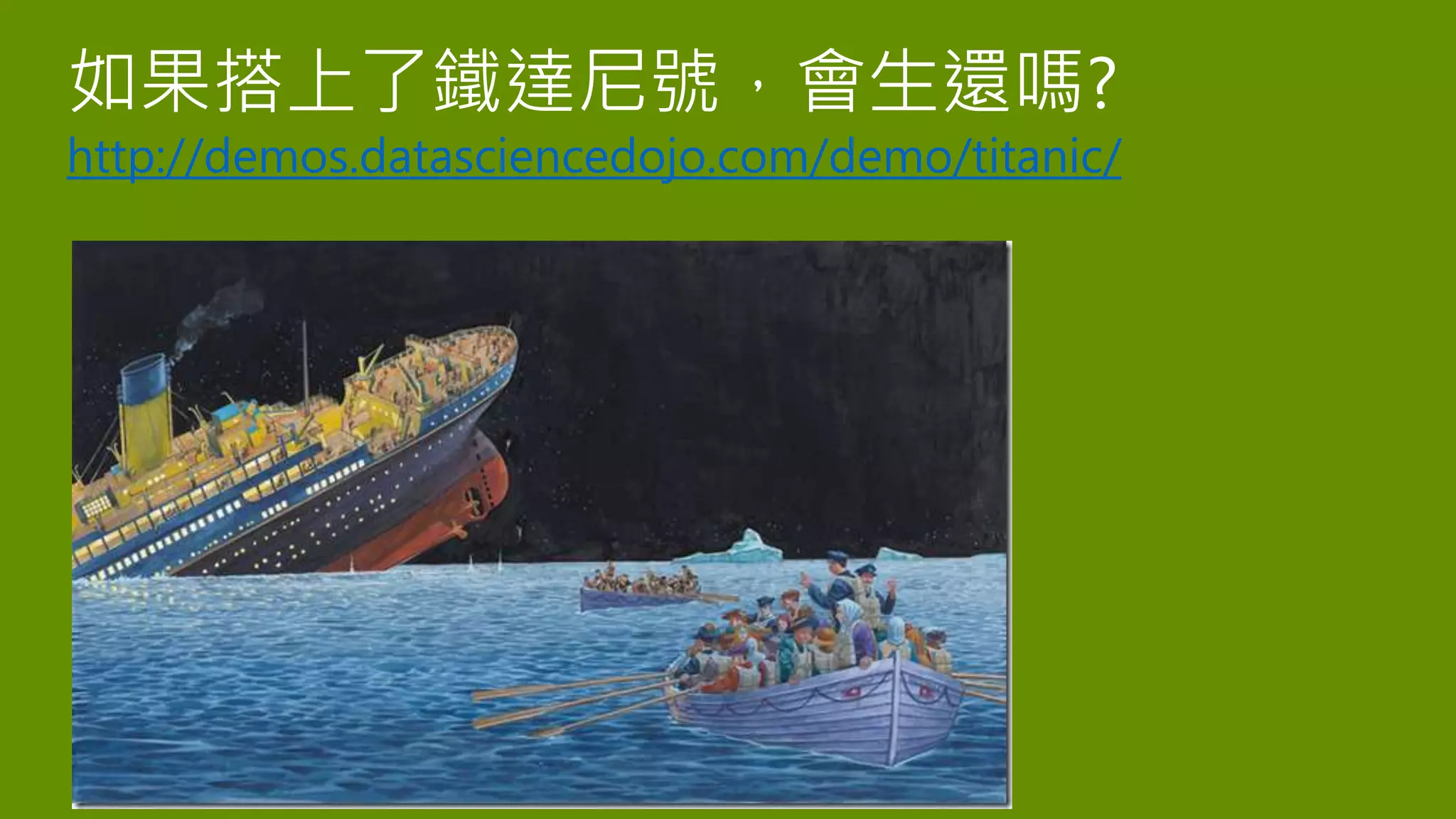 如果搭上了鐵達尼號，會生還嗎?
http://demos.datasciencedojo.com/demo/titanic/
 