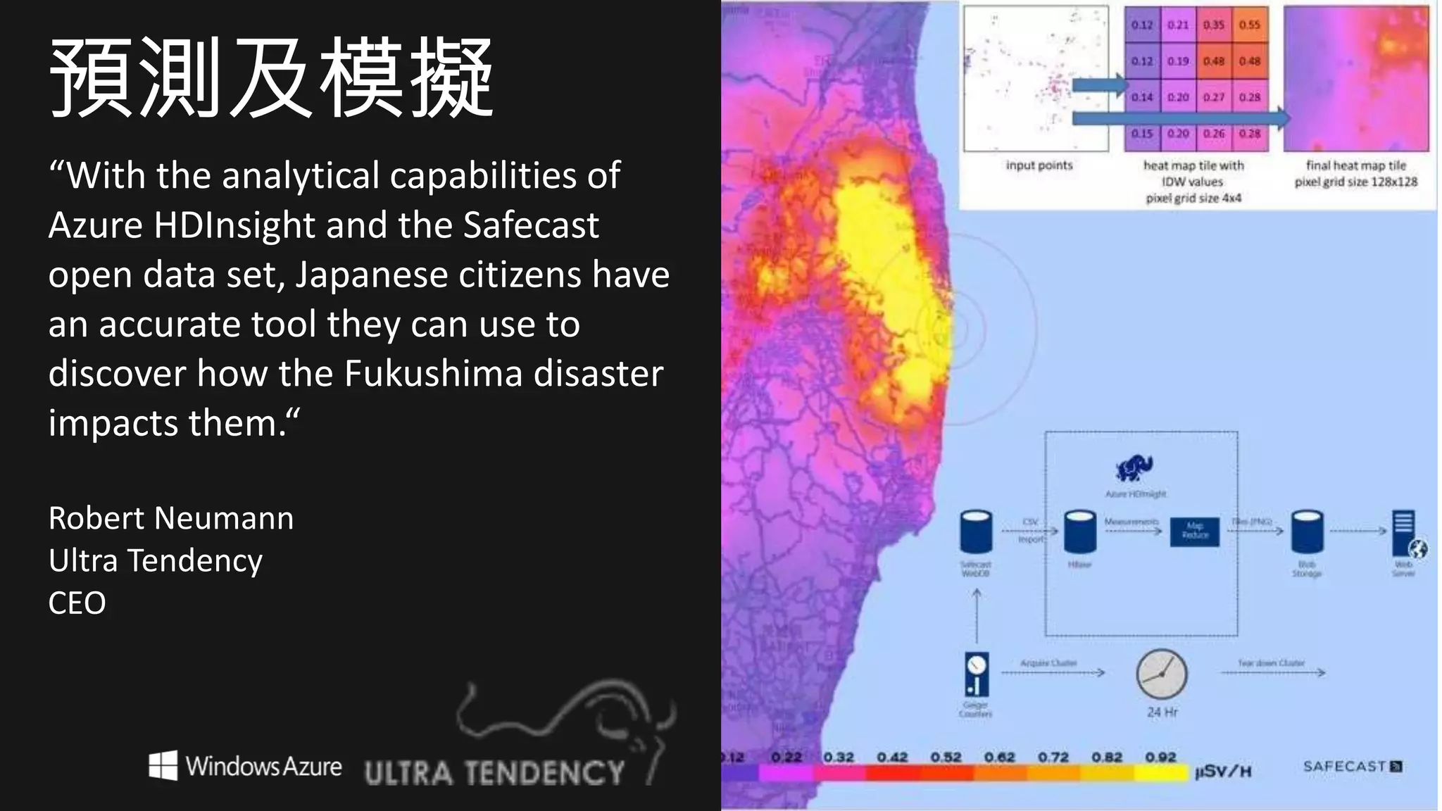 “With the analytical capabilities of
Azure HDInsight and the Safecast
open data set, Japanese citizens have
an accurate tool they can use to
discover how the Fukushima disaster
impacts them.“
Robert Neumann
Ultra Tendency
CEO
預測及模擬
 