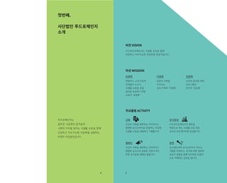 푸드포체인지는
올바른 식문화의 즐거움과
사회적 가치를 알리는 식생활 교육을 통해
건강하고 지속가능한 식문화를 실현하는
비영리 사단법인입니다.
첫번째.
사단법인 푸드포체인지
소개
주요활동 ACTIVITY
비전 VISION
(사)푸드포체인지는 식생활 교육을 통해
건강하고 지속가능한 식문화를 만들어갑니다.
미션 MISSION
보편화
연령이나, 소득수준에
관계없이 누구나
식생활 교육을 받을
권리를 보장하기 위한
교육의 ‘보편화’
다양화
건강과 사회를
아우르는
교육 주제의 ‘다양화’
전문화
교육적 효과를 위한
프로그램과
강사의 ‘전문화’
교육
건강과 사회를 배려하는 의식적이고
현명한 음식소비자를 양성하는 다양한
식생활 교육을 개발하고 시행합니다.
강사양성
(사)푸드포체인지의 철학을
바탕으로 하는 식생활 교육 전문
강사인 푸듀케이터를 양성합니다.
캠페인
건강과 사회를 배려하는 의식적이고
현명한 음식소비 실천을 이끌어 내기
위한 음식문화 캠페인 펼칩니다.
강연
음식생산자와 음식소비자가 만나는
기회를 마련하고, 음식에 대한 정보와
맛보기 경험을 통해 먹거리를 포괄적
으로 이해하는 강연을 엽니다.
54
 