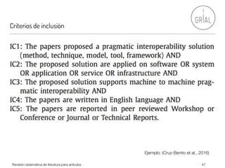 Criterios de inclusión
Revisión sistemática de literatura para artículos 47
Ejemplo: (Cruz-Benito et al., 2016)
 