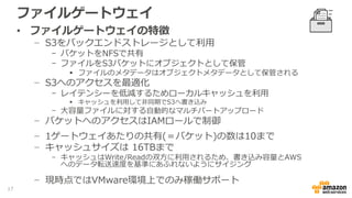 ファイルゲートウェイ
• ファイルゲートウェイの特徴
− S3をバックエンドストレージとして利用
- バケットをNFSで共有
- ファイルをS3バケットにオブジェクトとして保管
 ファイルのメタデータはオブジェクトメタデータとして保管される
− S3へのアクセスを最適化
- レイテンシーを低減するためローカルキャッシュを利用
 キャッシュを利用して非同期でS3へ書き込み
- 大容量ファイルに対する自動的なマルチパートアップロード
− バケットへのアクセスはIAMロールで制御
− 1ゲートウェイあたりの共有(＝バケット)の数は10まで
− キャッシュサイズは 16TBまで
- キャッシュはWrite/Readの双方に利用されるため、書き込み容量とAWS
へのデータ転送速度を基準にあふれないようにサイジング
− VMware環境上およびEC2上での稼働サポート
17
 