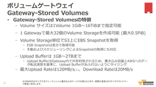 ボリュームゲートウェイ
Gateway-Stored Volumes
• Gateway-Stored Volumesの特徴
− Volume サイズは1Volume 1GiB〜16TiBまで指定可能
− 1 Gatewayで最大32個のVolume Storageを作成可能 (最大0.5PiB)
− Volume Storage単位でS3上にEBS Snapshotを取得
- ESB Snapshotは差分で取得可能
- 手動およびスケジューリングによるSnapshotの取得にも対応
− Upload Bufferは 1GB〜2TBまで
- Upload BufferはGateway内で共有利用されるため、書き込み容量とAWSへのデー
タ転送速度を基準に、Upload Bufferがあふれないようにサイジング
− 最大Upload Rateは120MB/s(※)、Download Rateは20MB/s
※256KBのIOサイズで全てシーケンシャル書き込みのケースでの値となります。実際の速度はI/Oサイズやネットワー
ク環境に依存します。21
 